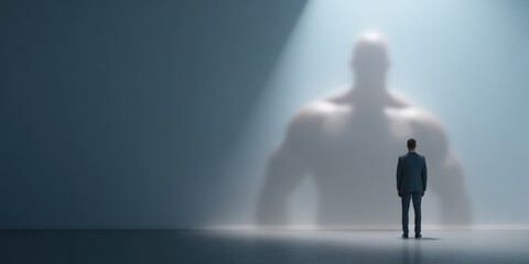 Obraz premium Man shadow strength silhouette power male caucasian adult standing under spotlight facing enormous shadow