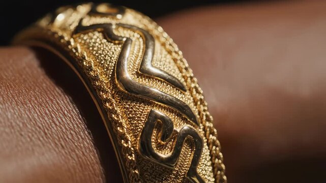 Close-up of an ornate gold bracelet on a persons wrist.
