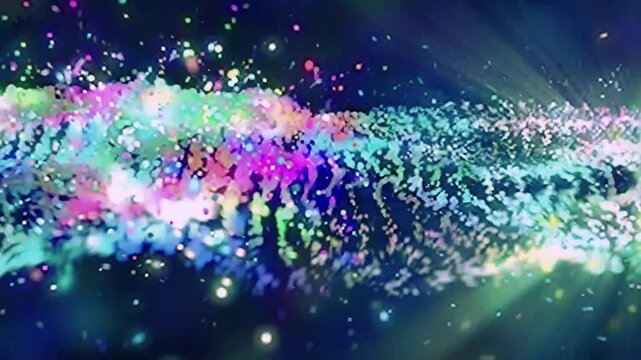 Colorful abstract particles wave motion background with glowing light rays and fluid flowing animation