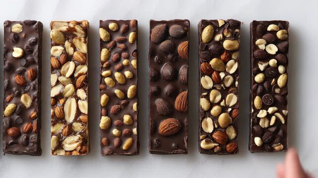 Several artisan chocolate bars, rich with nuts and chips, displayed on white surface
