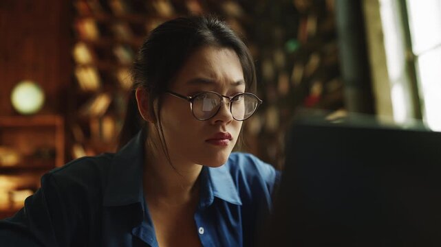 Upset Asian female student reading rejection email from university on laptop