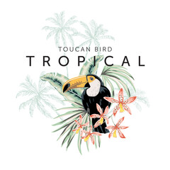 Fototapeta premium Tropical toucan, palm leaves, orchid flowers, palm tree silhouettes, text, white background. Print for t shirt, poster. Vector illustration. Exotic plants, bird. Summer beach design
