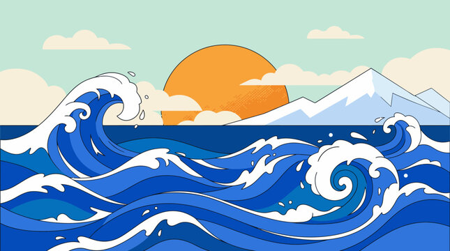 A vibrant stylized ocean scene with bold waves beneath a setting sun over a snowy mountain range in a vivid vector landscape