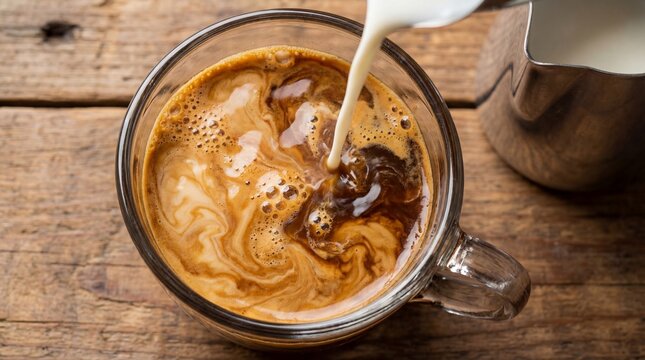 A cup of coffee being mixed with milk on a wooden table viewed from above
