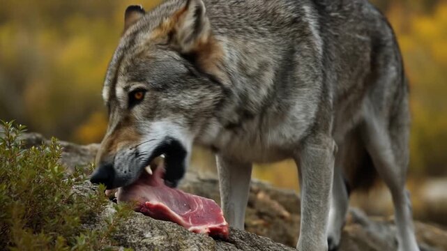 Gray wolf close up profile with meat outdoors day
