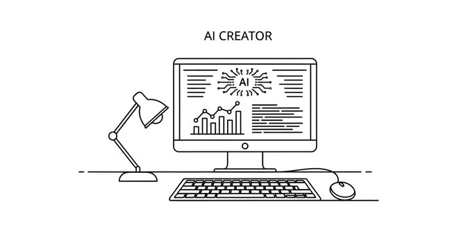 Line art AI Creator desktop setup with a monitor displaying an artificial intelligence interface, desk lamp, keyboard, and mouse, on an isolated white background.