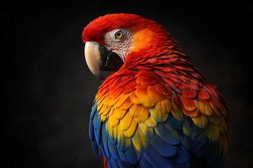 Obraz premium Colorful blue and yellow macaw parrot with red feathers sitting in a tropical jungle
