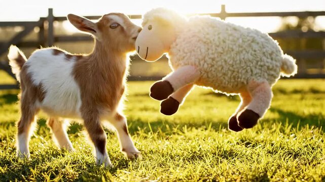 Adorable goat and sheep toy in a sunny meadow, friendship concept.