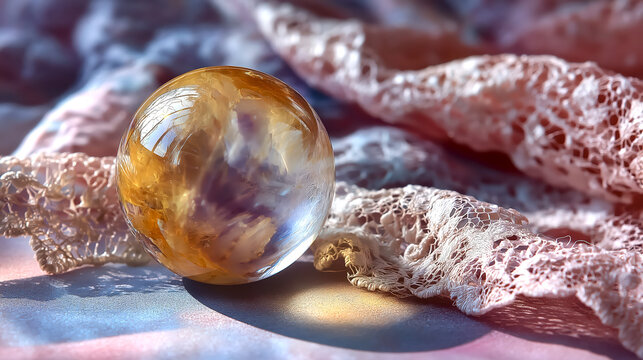 Glass orb resting on lace with amber glow and soft shadows, divination and scrying setup evoking boho mystique, reflective surface and delicate textiles suggesting fortune practice and intimate ritual