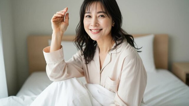 ベッドで布団にくるまるパジャマ姿の女性モデル