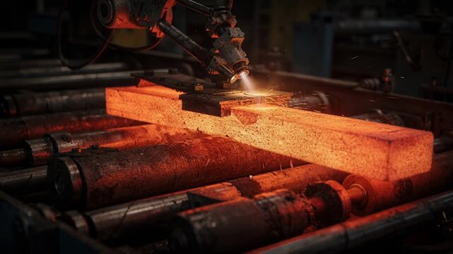 Redhot billet glides smoothly on rolling conveyor captured sharply with minimal sparks flickering as an automated torch readies to slice through metal.