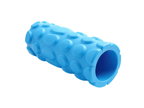 A blue foam roller on a clean white surface
