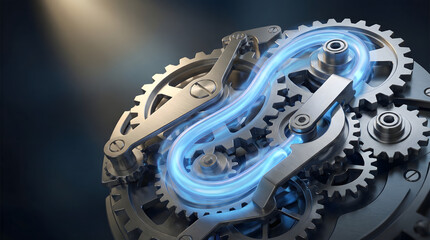 Glowing blue gear mechanism with metal cogs