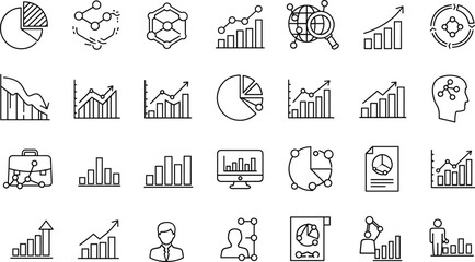 Fototapeta premium Business data analysis line icon set with financial charts growth graphs and marketing research symbols isolated on white background vector