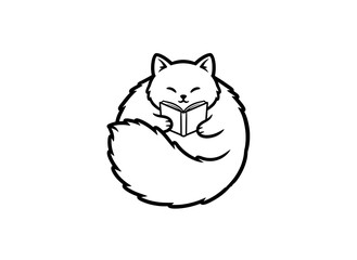 Obraz premium Fluffy cat reading book cartoon character outline illustration for library and education