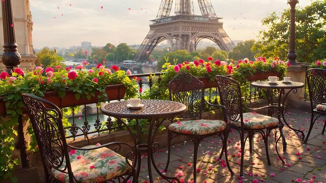 Eiffel Tower balcony with flowers and tables