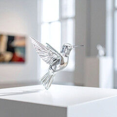 Fototapeta premium Exquisite crystal hummingbird sculpture displayed on a white pedestal in a bright gallery. This artistic piece symbolizes elegance and freedom, ideal for luxury decor or creative concepts.