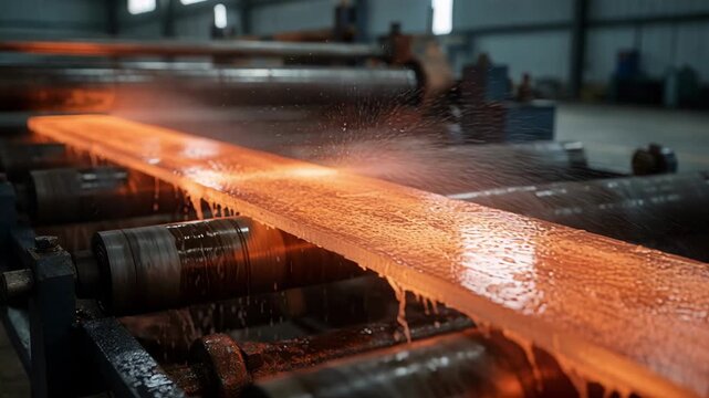 Close medium shot of a glowing steel strip partially veiled by light mist from cooling sprays the remaining runout table and factory environment softened out of focus.