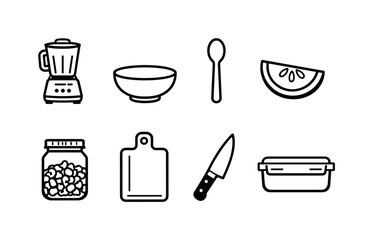 Home smoothie bowl items: blender, bowl, spoon, fruit slice, granola jar, cutting board, kitchen knife, storage container