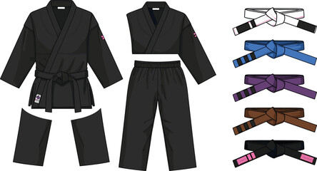 Flat vector illustration showing a black martial arts karate or jiu jitsu uniform gi with different colored ranking belts © Ruhul