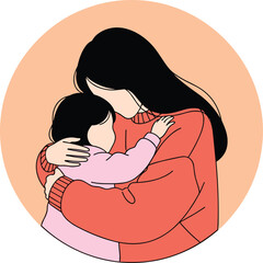 Heartwarming flat vector illustration of a loving mother gently hugging her young child inside a circular frame for family concepts