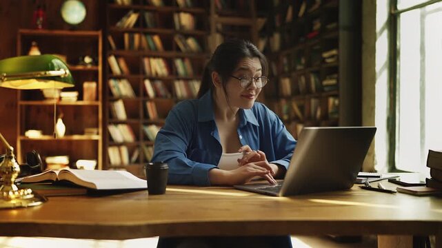 Joyful Korean woman reading university acceptance email on laptop in library