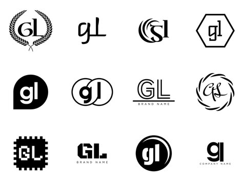 GL logo company template. Letter g and l logotype. Set different classic serif lettering and modern bold text with design elements. Initial font typography.