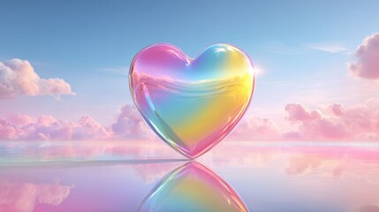 Fototapeta premium Large Glossy Rainbow Heart Floating in a Serene Sky Background