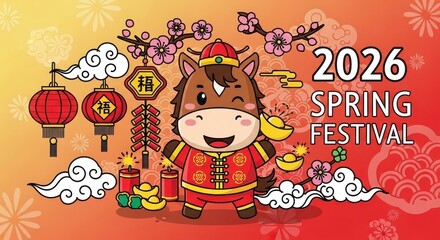 Fototapeta premium 2026 Spring Festival Ox Mascot Cartoon Illustration.