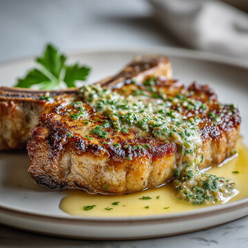 Soczysty kotlet schabowy z kością, podany z aromatycznym sosem ziołowo-maślanym. Idealnie przyrumienione, wykwintne danie gł&oacute;wne pełne smaku.