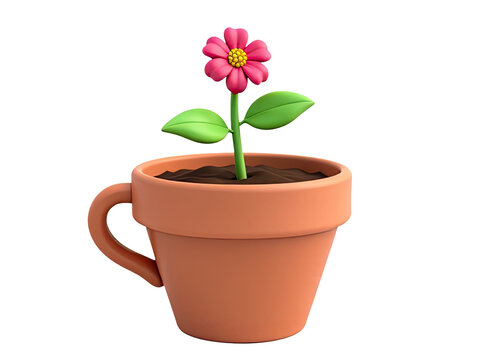 A pink flower grows in a small ceramic pot