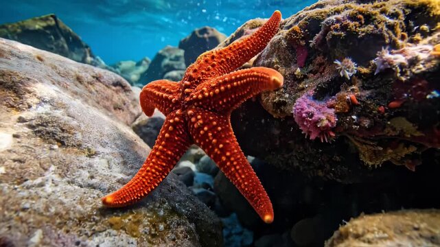 Underwater Scene - A Vibrant Red Starfish on a Rocky Seabed.