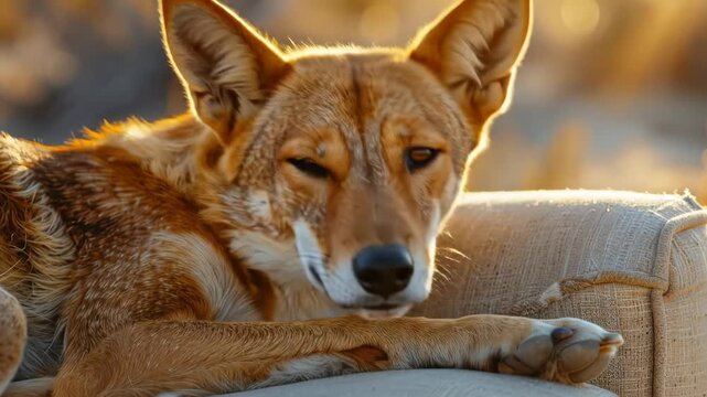 A Dingo Resting Peacefully on a Couch in the Warm Sunlight.