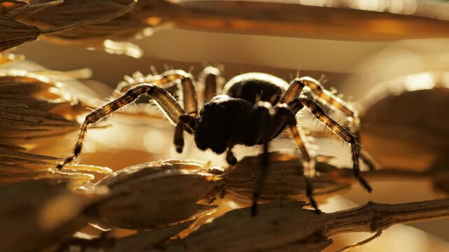 Close-up of a spider on a plant, macro photography, detailed view.