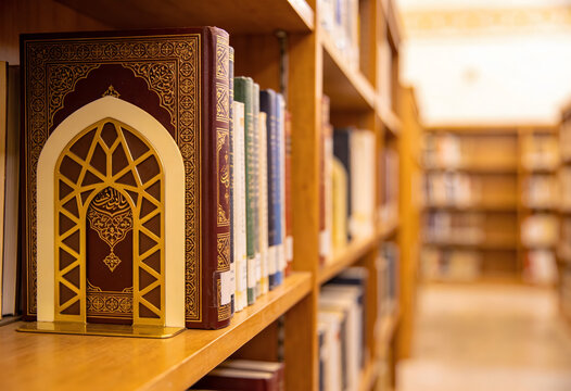 Islamic religious books on library shelf with golden decorative bookend stand