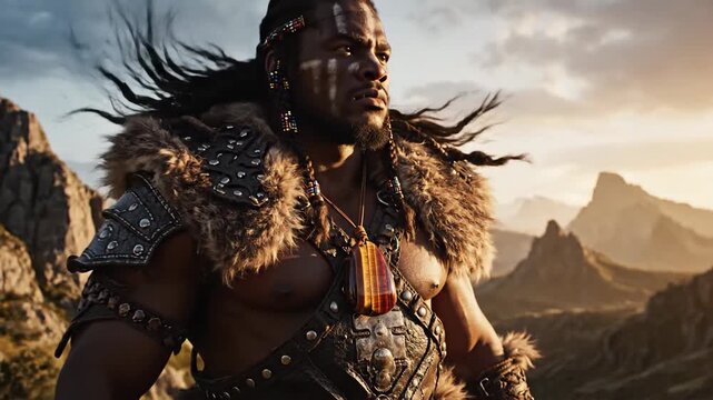 Stoic Tribal Warrior Amidst Mountain Landscape