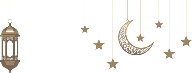 Islamic decorative elements with crescent moon and lantern on white background © Priyom