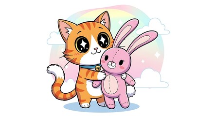 Cute cartoon cat and pink bunny friends.