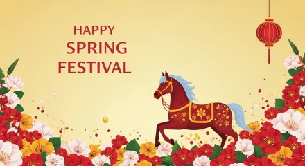 Fototapeta premium Happy Spring Festival Horse Illustration Flowers.