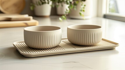 Minimalist Ribbed Ceramic Bowls on Beige Tray in Bright Kitchen Scene