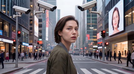 Fototapeta premium Young woman looking over shoulder while being tracked by street cameras and facial recognition billboard. Privacy concerns in a modern metropolis.