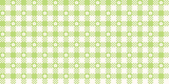 Spring gingham seamless pattern with daisy. Green tartan plaid wallpaper. Retro tablecloth texture. Simple small checkered plaid tattersall pattern. Print for fabric and textile. Vector illustration
