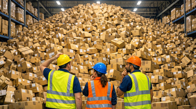 Logistics managers looking at massive pile of disorganized cardboard boxes in distribution center. Warehouse workers facing inventory management crisis and storage overflow.
