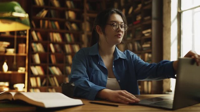 Asian female student studying in library, typing on laptop and writing notes