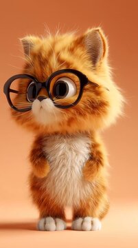 An Adorable Chubby Orange Tabby Kitten with Fluffy Fur and Big Round Glasses