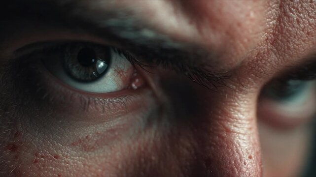 Close up of a mans intense blue eyes looking forward with determination.