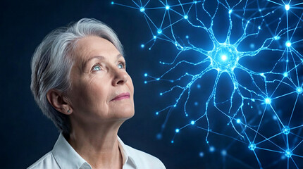Elderly woman looking at glowing neural network visualization. Cognitive health and brain function concept for senior citizens.
