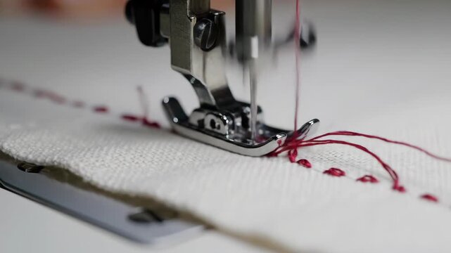 Close-Up of Sewing Machine Stitching Red Thread on White Fabric.