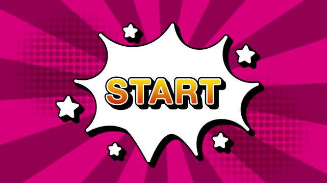 start text word cartoon comic popup reveal with bomb and smoke bubbles explosion manga anime book page dots radial speed line doodle pink magenta background seamless loop animation retro style sign