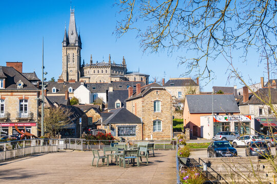 The town center and neo-Gothic church in Ch&acirc;teaubourg, Bretagne - France